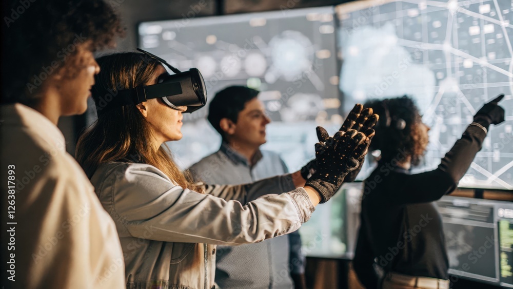 Poster an immersive scene of a participant using virtual reality gloves to interact with complex data struc