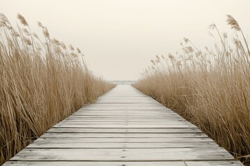 Serene Wooden Pathway Leading to the Ocean Through Golden Reeds