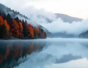 Candid autumn reflections at a serene misty lake authentic moments in nature