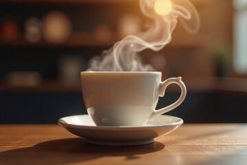 Fototapeta premium Coffee cup suspended in mid-air with wisps of smoke floating up, suspended, still life, indoor