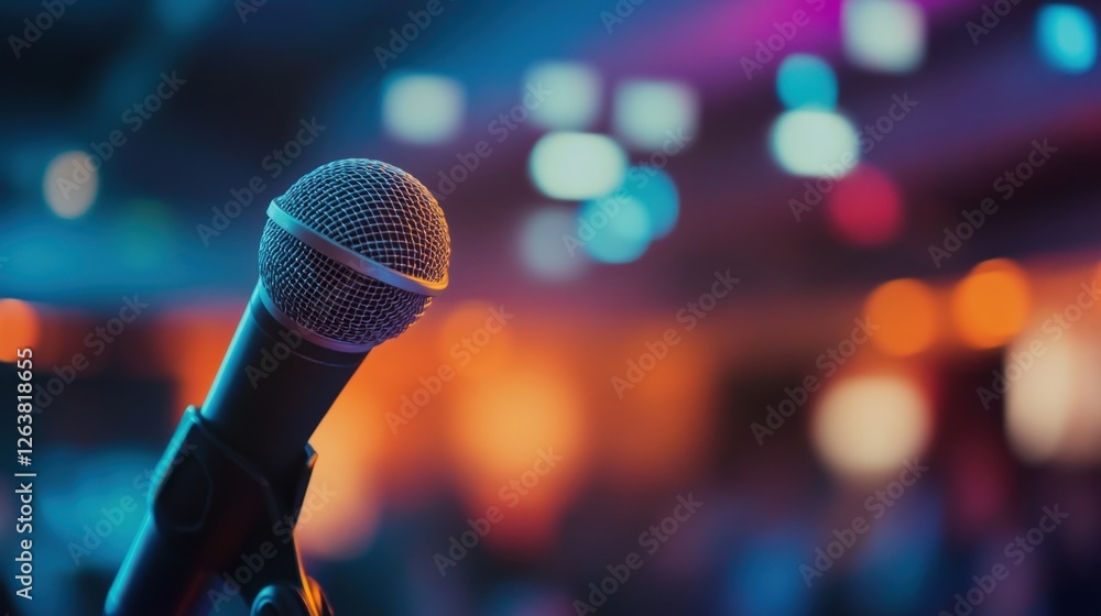 Poster close up of a microphone set against a backdrop of colorful bokeh lights, capturing the essence of l