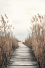 Serene Wooden Pathway Leading to the Ocean Through Golden Reeds