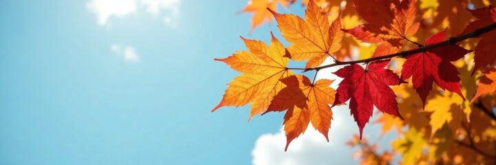 Obraz premium Colorful autumn leaves branch stretching towards the sky, autumn leaves, nature, orange