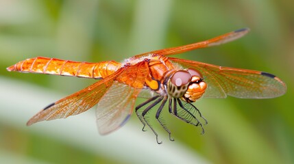 Naklejka premium Orange dragonfly in flight against blurred greenery