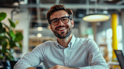Obraz premium Joyful Businessman Smiling Brightly, Business Success in a Modern Office