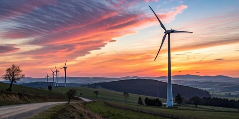 Obraz premium Stunning Sunset Over Wind Turbines in Tilt-Shift Perspective - Breathtaking Renewable Energy Landscape with Vibrant Colors and Soft Focus Effect for Nature and Sustainability Themes