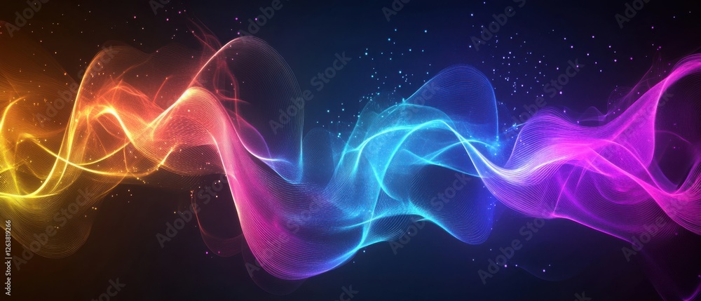 Poster abstract colorful wave lines flowing with particles on dark background dynamic flowing light trails,