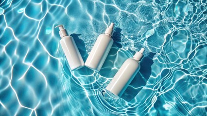 Summer Poolside Cosmetics: Flat Lay White Bottles on Water, Fresh Beauty Concept