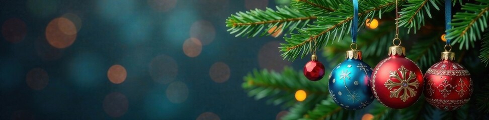 Fototapeta premium Colorful Christmas tree ornaments hanging from a blue ribbon, blue background, Christmas decoration, Christmas ornaments