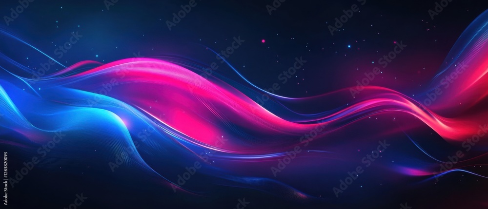 Poster abstract vibrant pink and blue waves flowing on a dark background with sparkling particles dynamic f