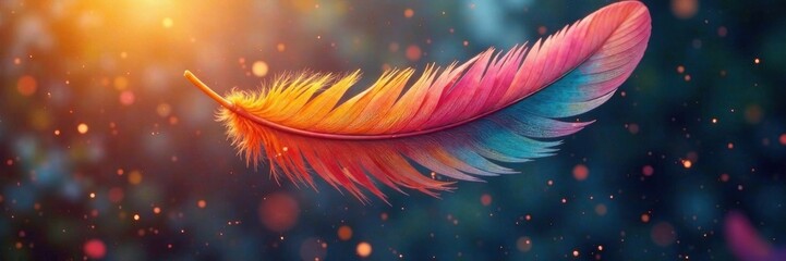 Obraz premium Colorful feathers in mid-air, feather, wings, clouds
