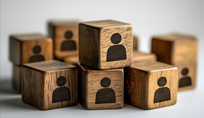 Wooden cubes with icons of people and business symbols on them representing human resources or employee management in an office setting White background studio l