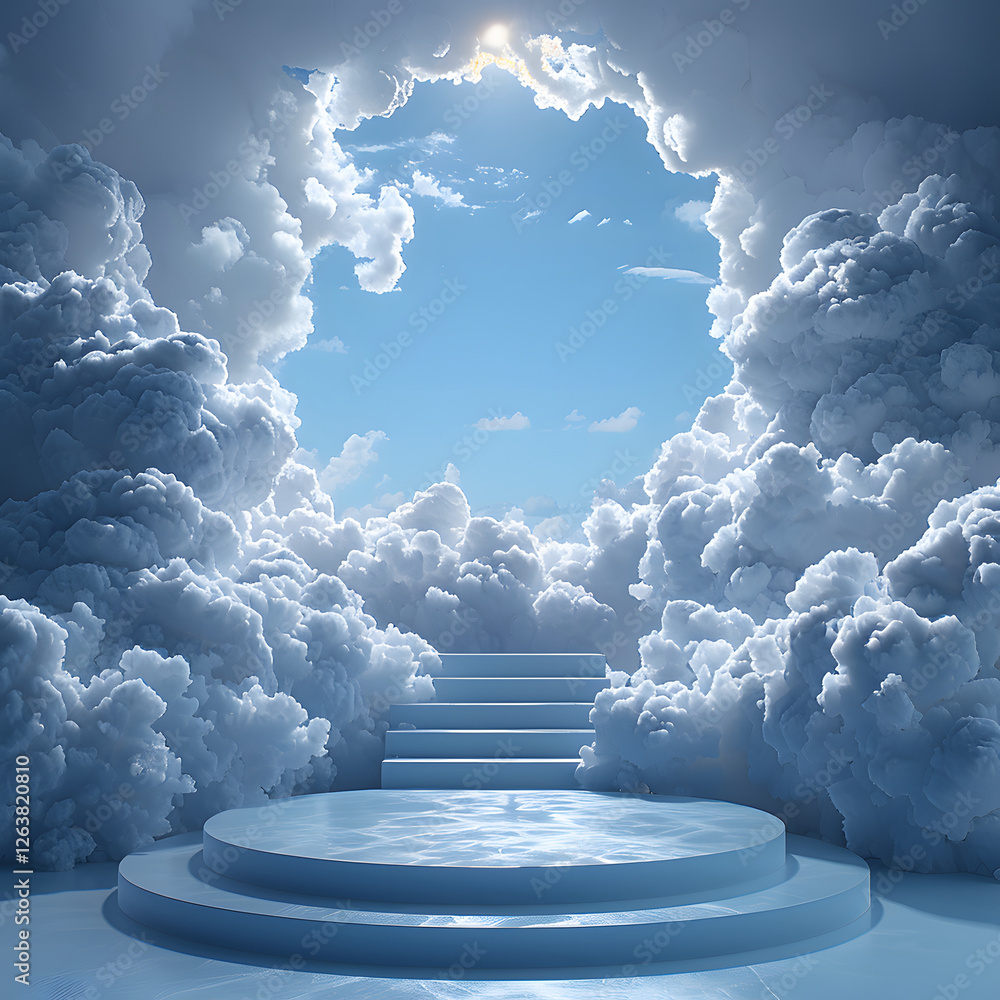 Poster digital rendering: cloud-surrounded platform with staircase
