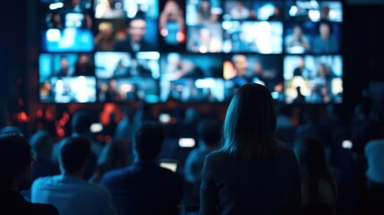 Audience Interaction A lively studio audience can be seen in the foreground smiling and reacting to the hosts with a mix of blurred social media feeds projected on screens surrounding