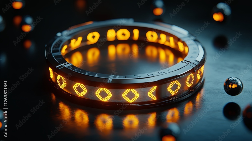 Poster futuristic glowing ring displayed on a dark surface with luminous elements illuminating its design a