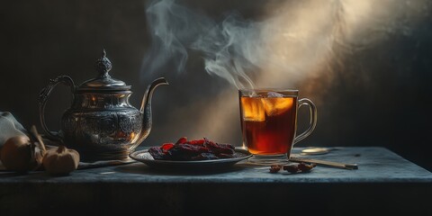 A silver teapot and a glass of iced tea rest atop a textured gray tablecloth in an evocative, moody scene, bathed in soft shadows that enhance the allure of this intimate moment.  