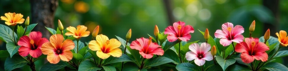 Fototapeta premium Colorful hibiscus blooms nestled in a bed of vibrant tropical grasses, plant life, florals, tropical grasses
