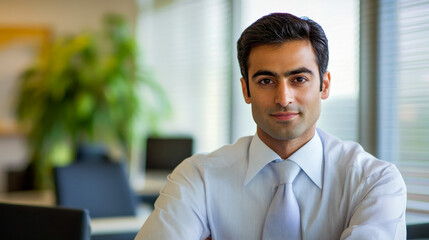 Obraz premium Confident Indian Businessman Smiling in Office Setting with Copy Space