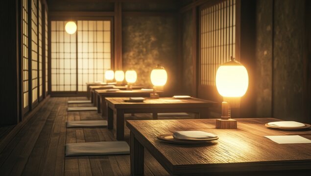 Serene Japanese Restaurant Interior at Night