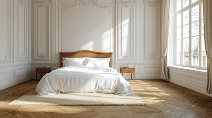 Sunlit Parisian bedroom, elegant decor, hardwood floor, interior design