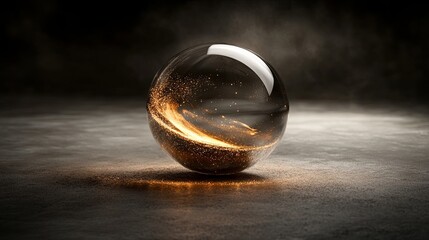 Glowing crystal sphere with swirling golden lights resting on a textured surface in dramatic lighting