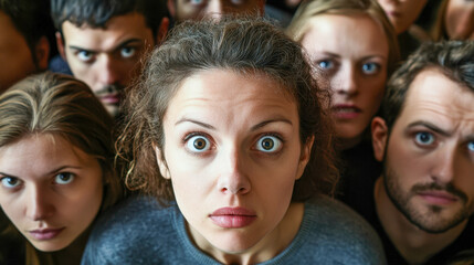 Fototapeta premium Surprised Woman surrounded by Crowd faces Shock, Confusion and Wonder