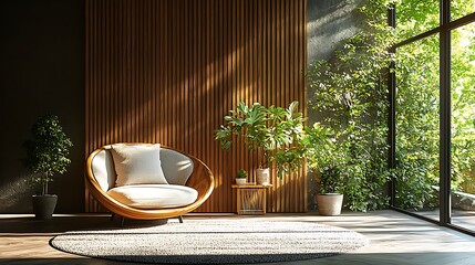 Sunlit room, wooden wall, comfy chair, plants, relaxation, home decor, interior design, serene
