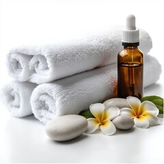 Elevated spa visuals with white towels, fresh frangipani flowers, smooth stones, and a dropper oil bottle highlighting pure relaxation and tropical indulgence