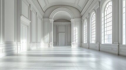 Fototapeta premium Sunlit white gallery hallway, arched windows, elegant design, interior architecture, ideal for luxury real estate