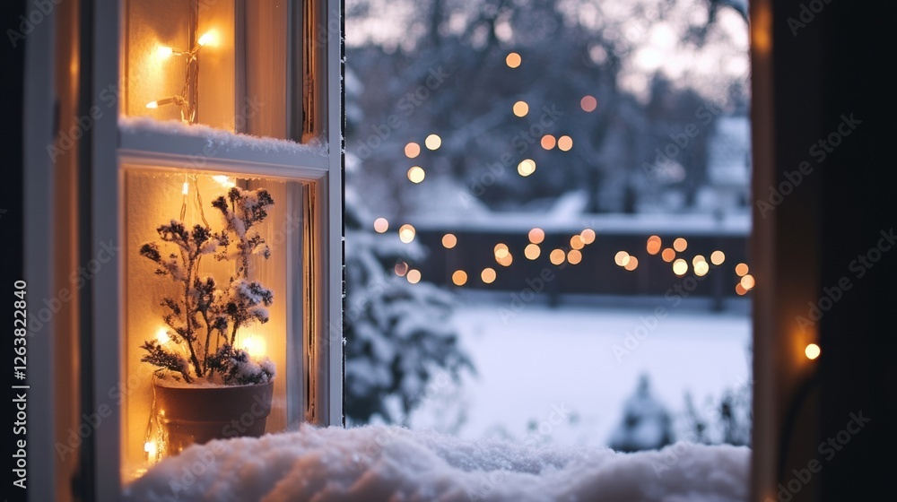 Poster snowy winter evening with warm lights and a decorated window display enhancing the cozy atmosphere. 