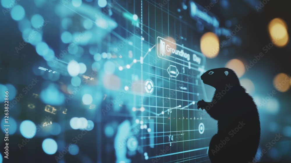 Aufkleber groundhog day reimagined in a tech-centric style, featuring data-inspired graphics and an abstract g