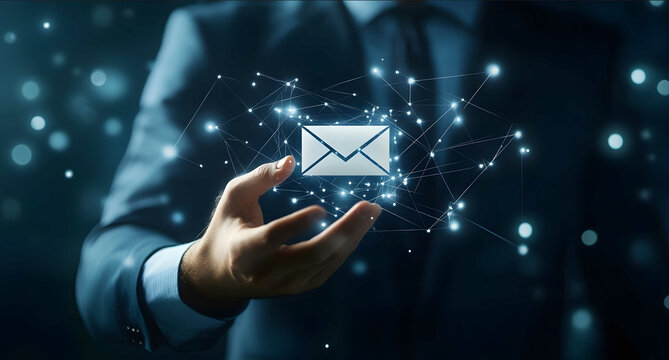 Businessman touching a white email icon floating on a blue background with dots a business and technology concept Detailed illustration highresolution photograp