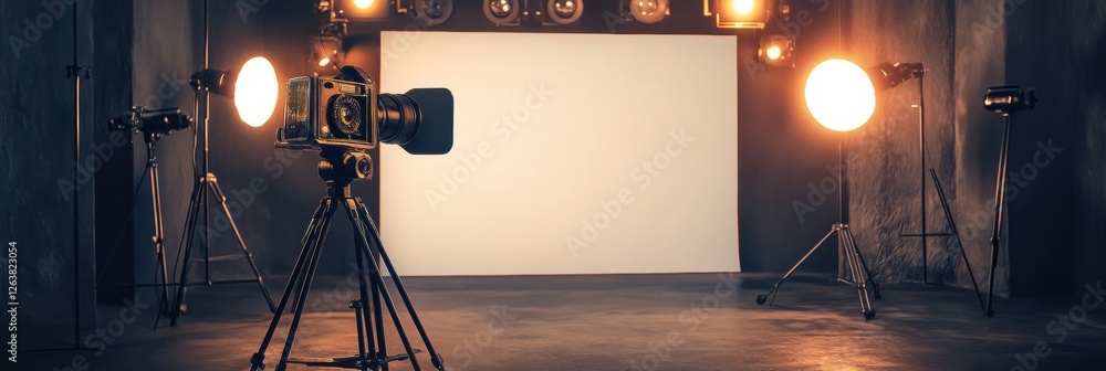 Aufkleber vintage camera setup in a studio with bright lights and a blank backdrop for photography sessions an