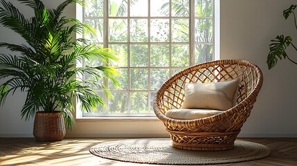 Fototapeta premium Sunny room, wicker chair, plants, window view, relaxation, home decor