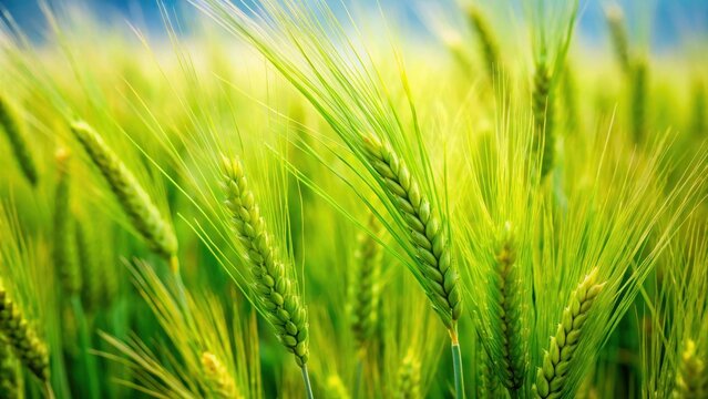 Vibrant close up shot of a green barley field, barley, green, agriculture, crop, farm, harvest, nature, growth, rural, close up