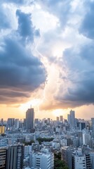 Cityscape sunset, clouds parting, buildings, urban