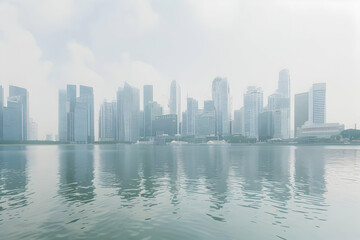 Fototapeta premium A serene view of a modern city skyline reflected in calm waters under a hazy sky