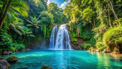 Serene tropical waterfall surrounded by lush greenery with clear blue water ,  waterfall, tropics, lush, greenery