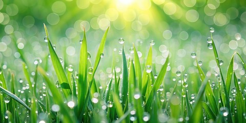 Fototapeta premium Fresh green grass covered in sparkling dew drops, fresh, grass, dew drops