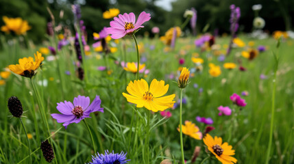 Colorful wildflowers blooming in vibrant meadow, creating joyful scene