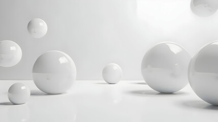 Abstract composition of floating white spheres on a reflective surface in a minimalistic setting
