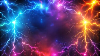 Obraz premium Abstract background with smoky neon colors and lightning bolts , smoky, neon, lightning, abstract, background, colors