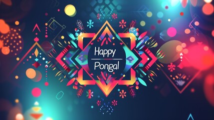 Vibrant Pongal-themed artwork featuring colorful geometric patterns, festive symbols, and abstract designs, evoking celebration and cultural heritage. AI generated.
