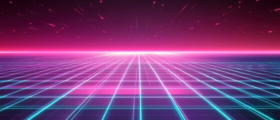 Fototapeta premium Retro futuristic neon grid landscape with pink and teal glowing lines, digital art background 80s style synthwave or vaporwave aesthetic with shooting stars Concept of gaming, cyberspace, and virtual