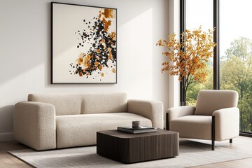 Living room interior design with a couch coffee table and decorative elements in a modern setting