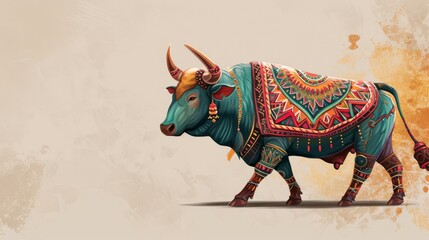 Obraz premium AI-generated depiction of a bull adorned with intricate, colorful traditional designs on its body and head, evoking a festive and cultural ambiance.