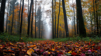 misty morning in autumn forest with colorful leaves on ground