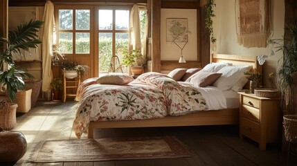 A bedroom with wooden furniture, earth-toned bedding, and indoor plants.