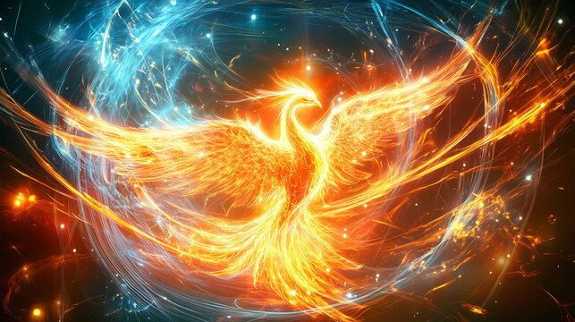 Cybernetic sweat lodge, ai phoenix manifestation, holographic ley lines, plasma energy fields, digital fire glow. Cybernetic Phoenixes. Illustration