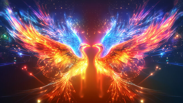 Cybernetic sweat lodge, ai phoenix manifestation, holographic ley lines, plasma energy fields, digital fire glow. Cybernetic Phoenixes. Illustration